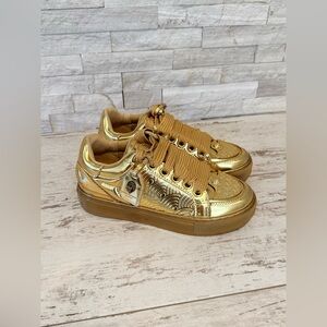 Kurt Geiger London Women's Southbank Tag Gold Metallic Platform Sneakers NEW